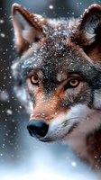 Close-up portrait of wild wolf with amber eyes covered in snowflakes during winter snowfall for wildlife photography and nature content.