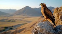 Majestic eagle perched on rocky cliff edge overlooking vast mountain landscape at sunset, powerful predator bird against dramatic wilderness backdrop in golden light.