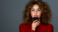 Young woman with curly brown hair wearing red sweater and glasses holding smartphone against dark background, modern lifestyle portrait with bright red lipstick.