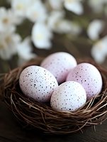 Speckled pink Easter eggs in natural twig nest with soft white spring blossoms in background, creating gentle seasonal composition for holiday designs.