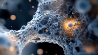 Microscopic view of translucent foam bubbles with glowing orange light particles creating ethereal cellular network structure against dark background.