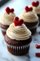 Chocolate cupcakes with vanilla frosting topped with red heart decorations for Valentine's Day celebration, romantic dessert treats for love themed events.