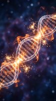 Glowing DNA double helix with fiery orange sparks on dark blue cosmic background, symbolizing genetic research and biotechnology.