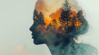 Double exposure portrait combining female silhouette with dramatic forest sunset scene, representing inner peace, mindfulness and connection with nature. Perfect for wellness and meditation themes.