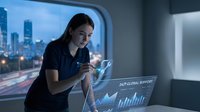 Young professional businesswoman analyzing financial data on holographic display in modern office with city skyline view at night.
