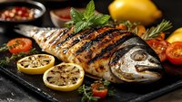 Grilled whole fish with lemon slices and fresh herbs on cast iron pan. Mediterranean seafood cuisine for restaurant menus and culinary presentations.
