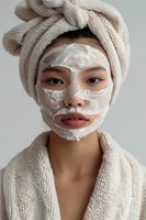 Young Asian woman wearing beige bathrobe and towel turban applies white facial mask during skincare routine against neutral background. Perfect for beauty and wellness content.