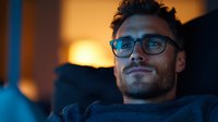 Young Caucasian man wearing glasses relaxing at home in evening, warm ambient lighting creates cozy atmosphere while he smiles contentedly looking away.