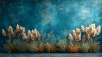 Pampas grass plants with fluffy plumes against dramatic turquoise wall background. Natural dried ornamental grass arrangement creates moody botanical atmosphere.