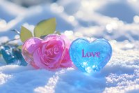 Pink and blue heart-shaped glass ornaments with "love" inscription resting on fresh snow with soft bokeh background and green leaf accent.