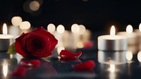 Red rose and scattered petals with glowing tea light candles creating romantic atmosphere against dark background with soft bokeh lights and reflective surface.