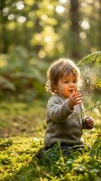 Curious toddler boy exploring spider web in sunny forest wearing cozy sweater during outdoor nature adventure and discovery play.