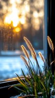Ornamental grass plumes backlit by golden sunset light through window, creating dreamy bokeh effect with snow visible outside, winter nature composition.