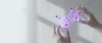 Close-up of hands holding glowing purple digital network nodes and connected lines, representing data transfer, technology innovation, and artificial intelligence concepts for business solutions.