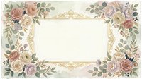 Vintage floral frame with roses, peonies, and eucalyptus leaves in soft pink and cream tones, ornate gold border, blank center space for text or design.
