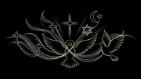 Religious symbols unity design with dove, cross, star of david, crescent moon and islamic calligraphy on black background for interfaith harmony concepts.
