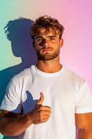 Young athletic man in white t-shirt showing thumbs up against colorful gradient background with dramatic shadow. Positive facial expression and confident pose.