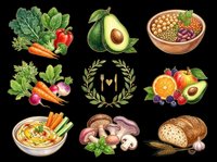 Healthy food ingredients collection with fresh vegetables, fruits, legumes, bread and herbs isolated on transparent background, ready for nutrition labels, recipe graphics, wellness posters and dietary design projects.