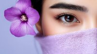 Young Asian woman with purple flower in hair behind lavender fabric mask showcasing natural beauty and skincare concept for wellness spa treatments.