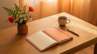 Cozy morning scene with open notebook, coffee cup and fresh flowers on wooden table bathed in warm golden sunlight streaming through window curtains.