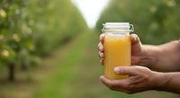 Hands holding glass jar of fresh golden juice in orchard setting, showcasing organic beverage production and farm-to-table concept for food and agriculture marketing.