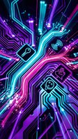 Neon circuit board with glowing cyan and magenta pathways, security key and lock icons, digital technology background for cybersecurity, data protection, and tech innovation concepts.