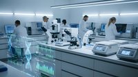 Modern laboratory with scientists conducting research using advanced equipment and digital data analysis technology for medical innovation.