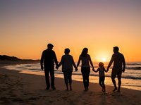 Silhouetted family of five holding hands walking along sandy beach at sunset with golden sky and ocean waves, representing togetherness and vacation moments.