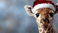 Baby giraffe wearing red Santa hat looking at camera with curious expression against blurred blue background. Adorable holiday wildlife portrait.