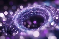 Magical spiral of glowing particles with purple and blue bokeh lights creating cosmic atmosphere. Abstract background for creative projects.