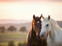Two horses standing close together in golden sunset light with soft pastoral landscape background for equestrian and farm lifestyle content.