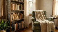 Cozy reading nook with green armchair, knitted throw blanket, wooden bookshelf and warm natural lighting for home interior design and relaxation.