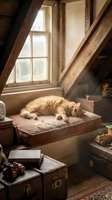 Ginger cat stretching on cushioned bed in rustic attic room with wooden beams, vintage window, and antique suitcases. Cozy pet resting space.