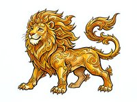 Majestic golden lion with ornate decorative patterns, isolated on white background, ready for design use on apparel, logos, and branding materials.