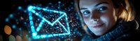 Young woman looking at glowing blue digital mail envelope hologram, futuristic communication concept with bokeh light effects in dark background.
