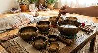 Sound healing therapy session with Tibetan singing bowls on wooden table, meditation and wellness practice for stress relief and relaxation.