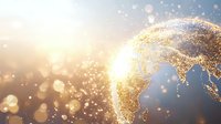 Golden glowing world map with sparkles and light effects on dark blue background, global network concept showing Earth continents in luminous particles.