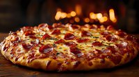 Hot pepperoni pizza with melted mozzarella cheese on wooden table, golden crust and crispy edges against warm blurred background with bokeh lights.