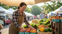 Young Caucasian female farmer in plaid shirt and apron arranging fresh organic vegetables at outdoor farmers market stand with colorful produce display.