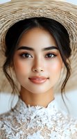 Young Asian woman wearing straw hat and white lace dress, natural makeup with soft smile, close-up portrait against light background.
