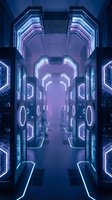 Futuristic spaceship corridor with glowing neon lights and sci-fi architecture for gaming and entertainment design projects.