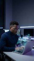 Young African American man working on laptop with holographic data projections in futuristic office environment for technology and innovation concepts.