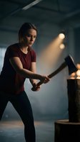 Young Caucasian woman in red shirt swinging sledgehammer at tire in industrial gym setting with dramatic lighting for strength training workout.