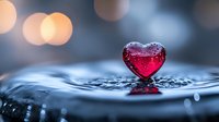 Red heart-shaped water drop creating ripple effect on liquid surface with soft bokeh lights in background, macro photography capturing romantic moment.