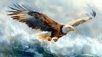 Majestic bald eagle soaring over turbulent ocean waves with wings spread wide, capturing power and freedom in dramatic watercolor style against cloudy sky background.