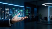 Businessman hand holding holographic globe with network connections in modern office environment for digital transformation and global business technology.