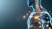 Glowing digital human silhouette with neural network connections and spine visualization on dark background showing medical technology advancement.