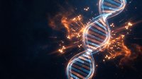 Glowing DNA double helix with fiery orange particles on dark background, symbolizing genetic research, biotechnology, and molecular science.