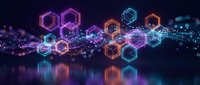 Abstract digital network with glowing hexagonal shapes and particles on dark background for technology and data visualization concepts.
