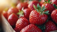 Fresh ripe strawberries macro shot with natural light and shallow depth of field, showing detailed texture of bright red berries with green leaves.